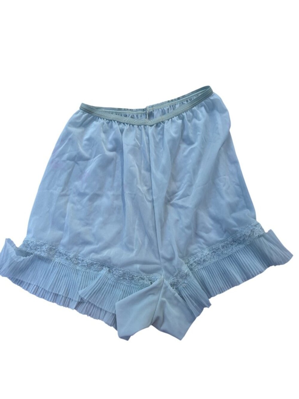 Vintage Michelene Light Blue Nylon Bloomers With Lace Trim & Pleated Hem Size 5